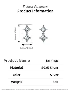 Detailed size parameters of S925 sterling silver square zircon star stud earrings