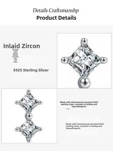 Detailed close-up of S925 sterling silver stud with 5A square zircon in 4-prong setting