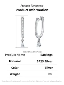 Detail view of U-shaped S925 sterling silver drop earrings with pavé stones and measurements