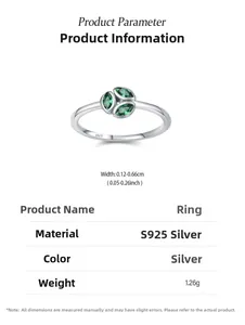 Macro detail of 925 silver ring featuring three marquise-cut green gemstones in leaf design