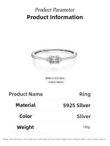 Détail macro de bague en argent S925 avec zircon carré et spécifications de poids