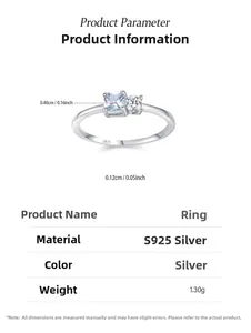 Detailed specs of S925 silver ring featuring a light blue square stone and dimensions