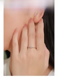 Detail view of 925 sterling silver triangle ring set with cubic zirconia on a model finger