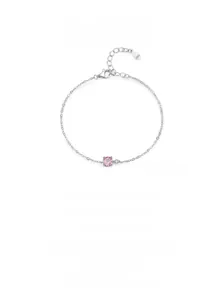 Detail of S925 sterling silver bracelet featuring a pink cubic zirconia and lobster clasp