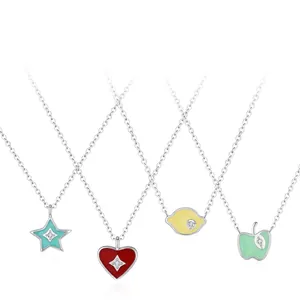 Collier Pendentif Cœur Étoile Fruit en Argent Sterling 925 Émail Coloré Chaîne Minimaliste avec Strass Bijoux pour Femmes