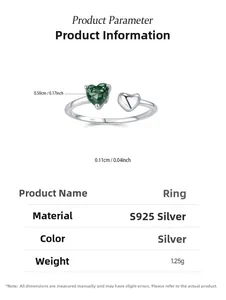 Detailed product parameters of S925 sterling silver emerald heart open ring for women