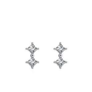 925 Sterling Silver Princess Cut Zirconia Stud Earrings Double Square Geometric Ear Bone Studs For Women Minimalist Jewelry