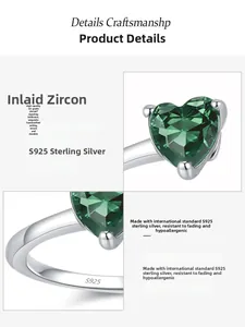 Detail showing S925 sterling silver band with 5A emerald green heart-shaped zircon stone