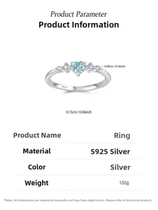 Detail view of S925 sterling silver ring with blue heart stone and material specs
