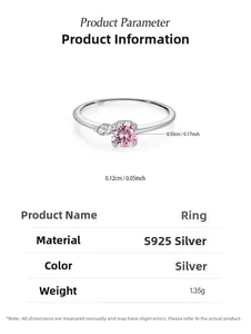 Détail d'une bague en argent S925 avec diamant rose de 0,50 cm et spécifications techniques
