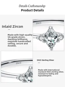 Vue macro du zircon marquise et du poinçon argent S925 sur l'anneau de la bague