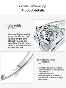 Vue macro de la bague en argent S925 avec zircone 5A taille poire et poinçon S925