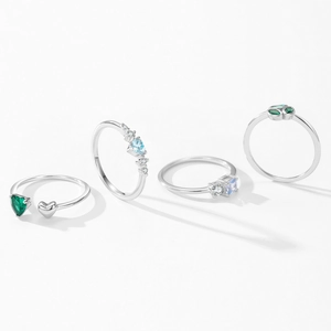 Elegant 925 sterling silver rings set with emerald heart and colorful gemstones