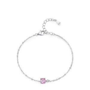925 Sterling Silver Pink Zirconia Bracelet For Women Minimalist Sweet Geometric Round Charm Fine Chain Jewelry Accessory