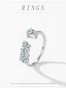 Detail showing the adjustable opening and polished silver droplet shaped gemstones of the ring