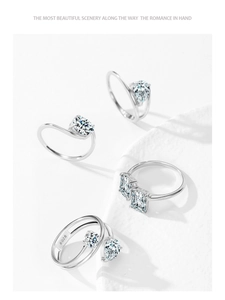 Macro shot of 925 silver rings set with luxury rectangular and round zircon stones