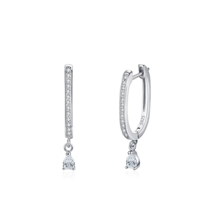 925 sterling silver U-shaped hoop earrings with pave diamonds and pear-cut teardrop charms