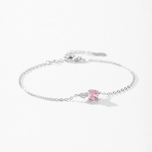 Elegant S925 sterling silver chain bracelet with round pink zircon and lobster clasp