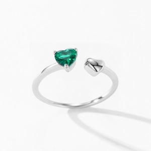 Elegant 925 sterling silver open ring featuring emerald green heart and polished metal heart