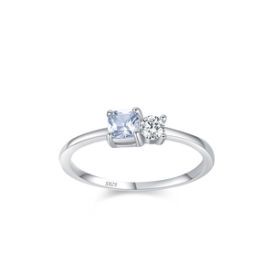 S925 sterling silver ring with light blue princess cut stone and round clear crystal