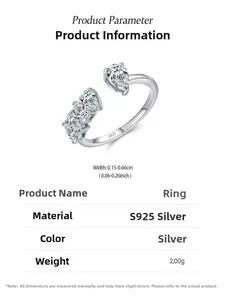 Macro detail of S925 silver ring featuring teardrop cubic zirconia stones and measurements