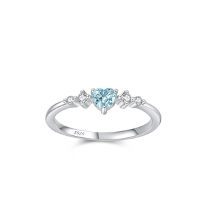 S925 sterling silver ring with light blue heart gemstone and round white zircon accents