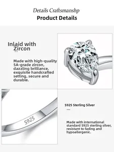 Detailed macro view of S925 sterling silver stamp and handset pear-cut zircon stone