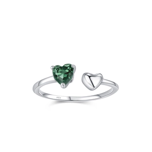 Elegant 925 sterling silver open ring featuring green zircon heart and polished silver heart