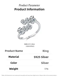 Detail view of S925 sterling silver ring with oval cubic zirconia settings and size specs