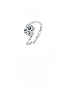 Macro shot of S925 sterling silver ring with large oval cut center gemstone and curved band