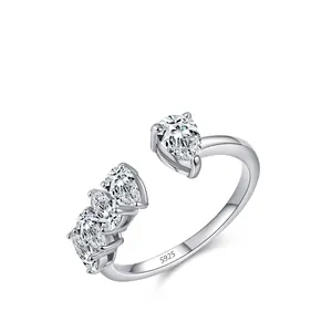 925 Sterling Silver Pear Cut Zirconia Open Ring Luxury Water Drop Pave Design Adjustable Band Ring Fashion Finger Jewelry For Women