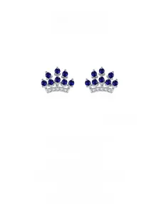 Macro detail of crown stud earrings featuring blue cubic zirconia and micro-set diamonds
