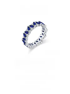 Detail of S925 sterling silver ring featuring marquise blue gems and pave diamonds