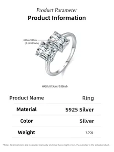 Detail view of S925 silver ring with 0.6x0.8cm emerald cut zircon and 0.15cm band width