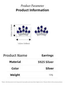 Detailed dimensions of silver S925 crown earrings with blue cubic zirconia stones