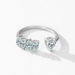 925 silver open ring with teardrop diamonds shown from a 45-degree angle view