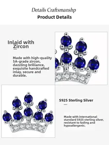 Macro detail of crown stud earring featuring S925 silver and blue sapphire zircon