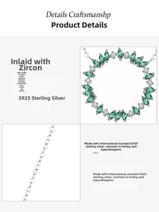 Detailed view of S925 silver necklace with 5A green zircon leaf wreath pendant