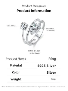 Detailed S925 silver ring size chart showing zircon dimensions and band width specs
