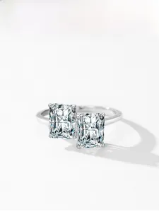 Detail view of S925 silver ring featuring two large rectangular radiant-cut cubic zirconia stones