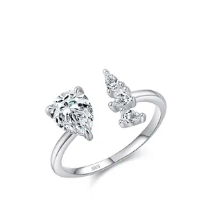 Luxurious 925 Sterling Silver Teardrop Zirconia Open Ring Fashion Pear Cut Sparkling Adjustable Finger Ring Jewelry For Women