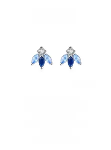 Detail of bee stud earrings with silver wings and blue gradient marquise crystals