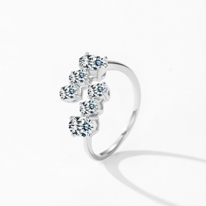 Luxury S925 silver open ring featuring six sparkling oval zircons in a modern claw setting