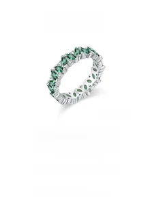 Close-up of S925 silver ring featuring marquise emerald green zircons and pavé diamonds