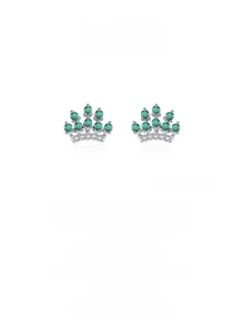 Macro detail of silver crown earrings with green emerald zircon and white micro-crystals