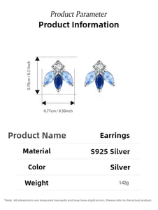 Detail view of S925 sterling silver bee stud earrings with blue crystals and dimensions