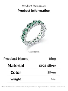 Detailed product specifications for S925 silver ring with emerald zircon and weight data