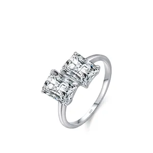 Luxury 925 Sterling Silver Ring Double Rectangular Zirconia Toi Et Moi Ring Emerald Cut Geometric Ring For Women Jewelry