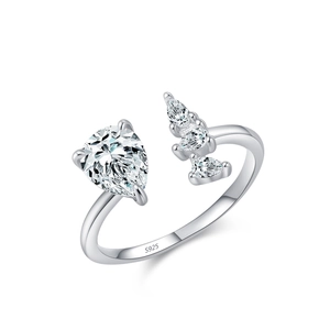 Luxurious S925 sterling silver open ring with teardrop zirconia in geometric design
