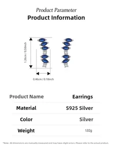 Detailed size specifications for blue marquise zircon and S925 sterling silver earrings